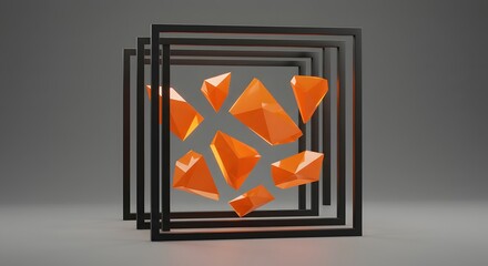 Aufkleber - Abstract composition with orange geometric shapes inside black square frames on a gray background