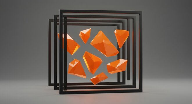 Abstract composition with orange geometric shapes inside black square frames on a gray background