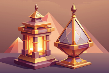Poster - Realistic 3D Rendering of Ornate Gold Objects with Dog Illustration Elements