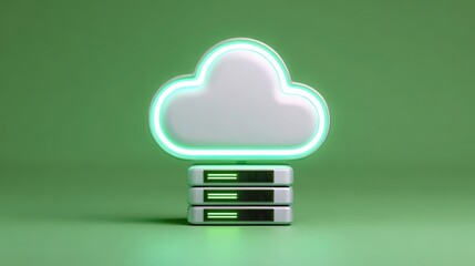 Aufkleber - Glowing neon cloud icon representing cloud computing and data storage sits atop server stack. This minimalist concept illustrates digital information hosting on green background