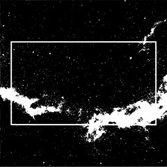 Poster - Abstract black and white space scene with a rectangular frame and scattered stars and cloud like shapes
