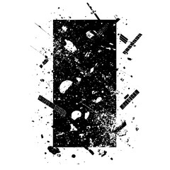 Poster - Grunge style black and white rectangular design with guitar and satellite elements scattered around it