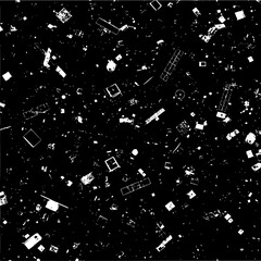 Leinwandbilder - Scattered white geometric shapes on a black background create a chaotic and abstract composition of forms