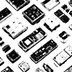 Aufkleber - Monochrome arrangement of various electronic components and devices on a white background art