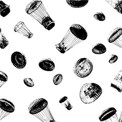 Poster - monochrome seamless pattern of parachutes with various sizes and orientations on a white background 