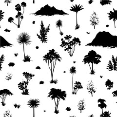 Leinwandbilder - Seamless pattern of black silhouettes of trees and mountains on a white background landscape design element