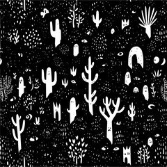 Leinwandbilder - Monochrome illustration of cacti trees and ghostly figures in a dense forest landscape art design