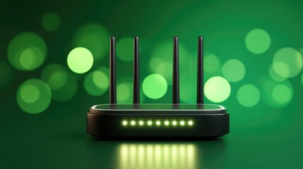 Poster - Black wireless router with four antenna for powerful internet connection. Network device on reflective surface with green light and an abstract bokeh background for modern technology