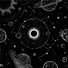 Poster - Stylized celestial map featuring planets constellations and a central sun on a black background design