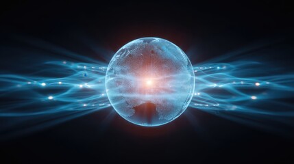 Aufkleber - Mysterious abstract orb of energy glowing with powerful core. Futuristic blue light wave represents quantum physics technology particle innovation and scientific discovery