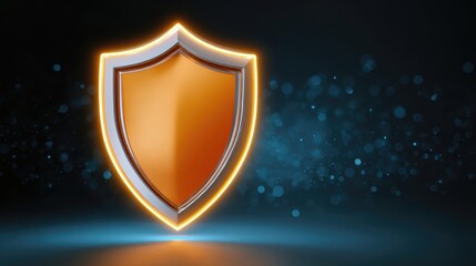 Poster - Glowing orange shield symbol for security and protection. technology and cybersecurity concept creating feeling of safety against dark blue abstract background