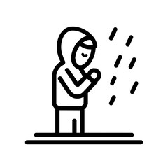 Poster - Person in a hooded sweatshirt standing with hands clasped in front of them with rain falling around them