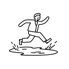 Poster - Man in suit jumping over puddle with splashing water depicted in a simple black and white outline style