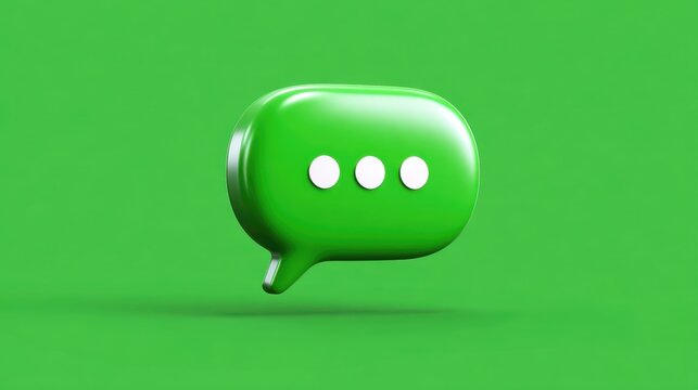Green 3D speech bubble with typing animation icon on solid isolated background. This symbol for message represents communication chat online conversation and digital dialogue