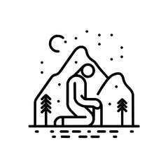 Poster - A person sits by a fire in a cave with stalactites hanging from the ceiling in a line art style image