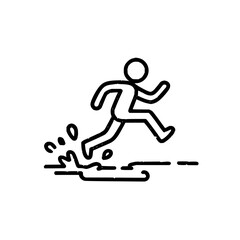 Poster - A minimalist line drawing of a person running across a cityscape with buildings and a stylized ground plane