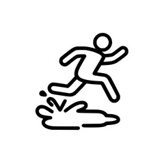 Poster - A stylized depiction of a person running or jumping over a puddle represented with simple black lines design