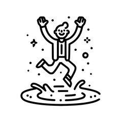 Poster - A cheerful stick figure jumping over a puddle with arms raised in the air in a black and white outline style