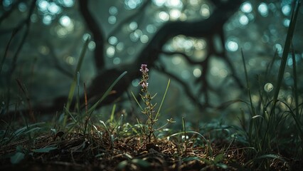 Poster - Fresh Heather Sprout Amidst a Mystical Forest Scene Featuring Shallow Depth and Radiant Bokeh