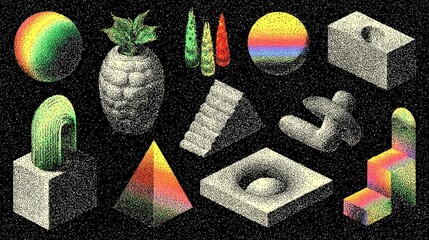 Poster - Collection of geometric forms and renderings of objects showing plants, animals, and a skull on a black background