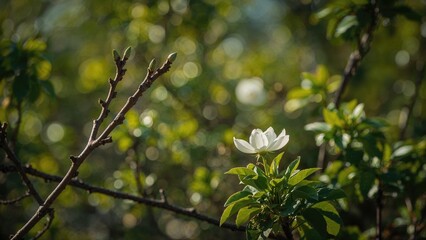 Poster - Arrival of spring: twig with buds on the left against a soft-focus branch backdrop