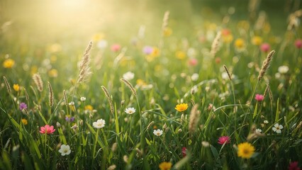 Poster - Bright springtime floral scene with warm sunlight and blurred background