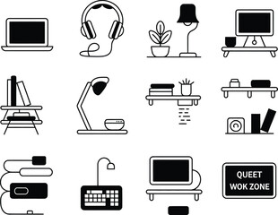 Fototapete - Collection of hand drawn office and study desk items and technology