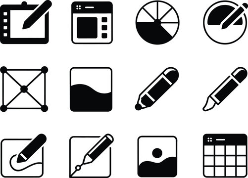 Collection of graphic design and digital art icons in black and white