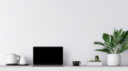 Poster - Contemporary workspace scene with laptop and greenery.
