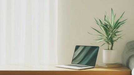Poster - A laptop computer sits on a light wooden surface beside a houseplant.
