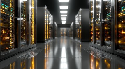 Poster - Inside a modern data center showing rows of server racks and blinking lights