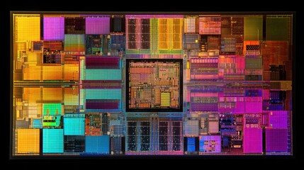Aufkleber - Microscopic view revealing complex ai chip die architecture, showcasing intricate transistors, interconnects, and semiconductor materials in vibrant colors