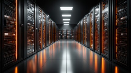Poster - Inside a modern data center showing rows of server racks and blinking lights