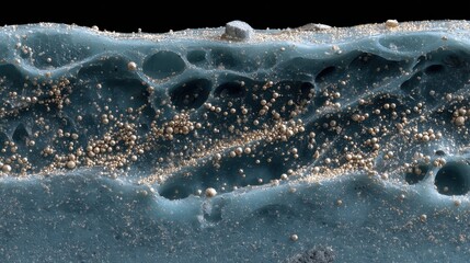 Wall Mural - Microscopic view of lunar simulant dust clinging to the porous structure of a freshly cast aerogel panel, highlighting the potential of aerogel in space exploration