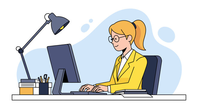 Young businesswoman working on computer in office, perfect for website banners or business presentations.