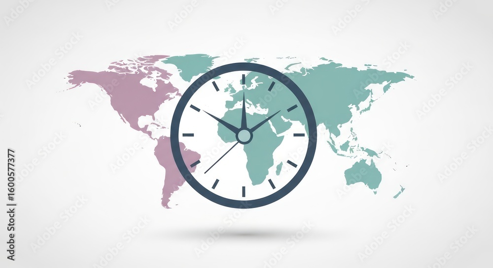 World map with a clock superimposed, illustrating global time zones ...