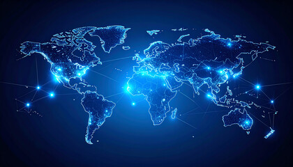 Poster - A digital world map illuminated with blue lights, showcasing connections and data points across continents in a futuristic design