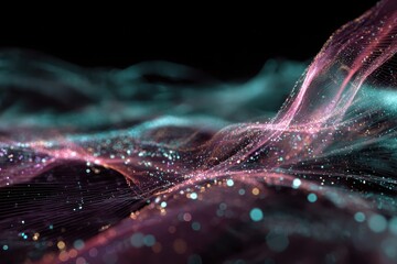 Poster - Abstract Digital waves of teal and pink flowing, adorned with glistening particles