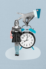 Poster - Vertical art pop poster banner collage of happy schoolgirl read book alarm timetable hand regime literature subject study