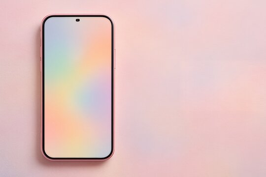Smartphone with blank, pastel gradient screen on soft pink background, concept for mobile app presentation, ui/ux design and digital marketing