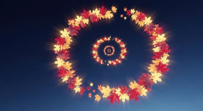 A digital illustration of maple leaves forming a spiral against a gradient blue background scene art