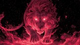 glowing red lion with fiery mane, fierce and powerful predator