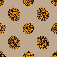 Poster - Seamless vector pattern of halved walnuts and walnut halves, featuring a stylized illustration with warm orange and brown tones on a neutral background, ideal for autumnal designs and food-related...