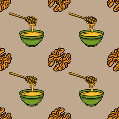 Poster - Seamless vector pattern of honey dripping from a wooden dipper into a green bowl and walnuts on a beige background, creating a rustic and natural design.