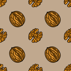 Poster - Seamless vector pattern of hand-drawn walnuts in shell and halves, featuring a warm brown and golden color palette, perfect for autumnal designs and food-related projects.
