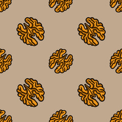 Poster - Seamless vector pattern of stylized walnut halves in orange and brown, perfect for autumnal design projects.