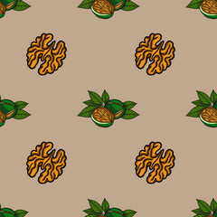 Poster - Seamless vector pattern of walnuts and leaves in a stylized design, featuring both whole nuts and shelled halves, creating a unique and visually appealing texture.