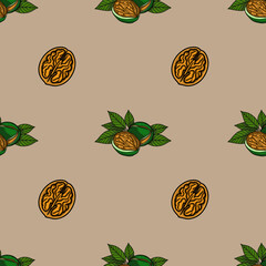 Poster - Seamless vector pattern of walnuts in shell and halves with green leaves on a beige background, stylized as a vintage botanical illustration.