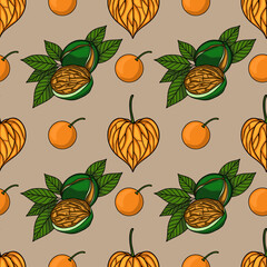 Poster - Seamless vector pattern with hand-drawn illustrations of physalis, walnuts, and oranges, featuring a unique autumnal color palette and detailed botanical style.