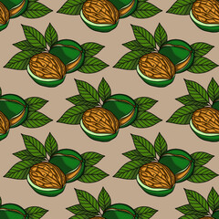 Poster - Seamless vector pattern of cracked walnuts with green leaves on a beige background, a detailed illustration with rich colors and natural feel, ideal for autumnal designs.